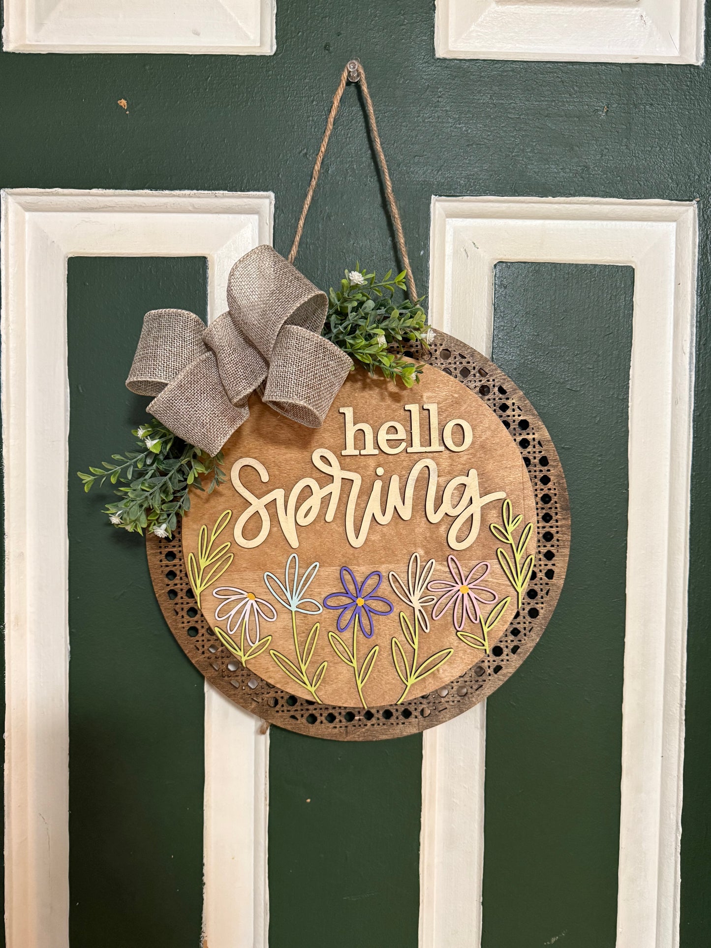 Hello Spring Door Hanger, Rustic Farmhouse Wood Sign, Floral Wreath Alternative