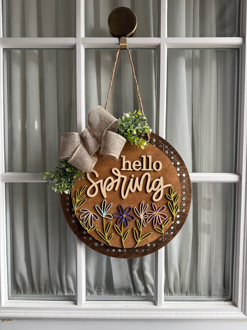Hello Spring Door Hanger, Rustic Farmhouse Wood Sign, Floral Wreath Alternative