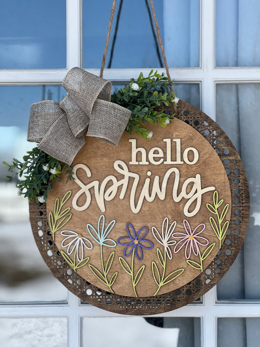 Hello Spring Door Hanger, Rustic Farmhouse Wood Sign, Floral Wreath Alternative