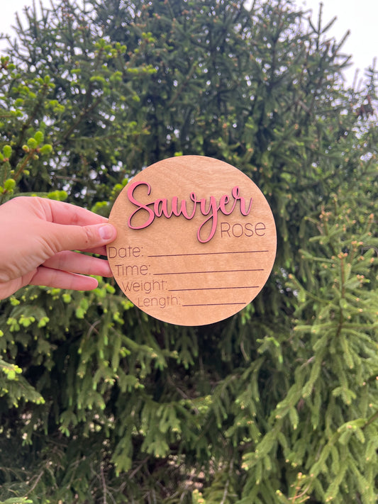 Personalized Baby Announcement Disc – 3D Name Front with Engraved Birth Stats Back
